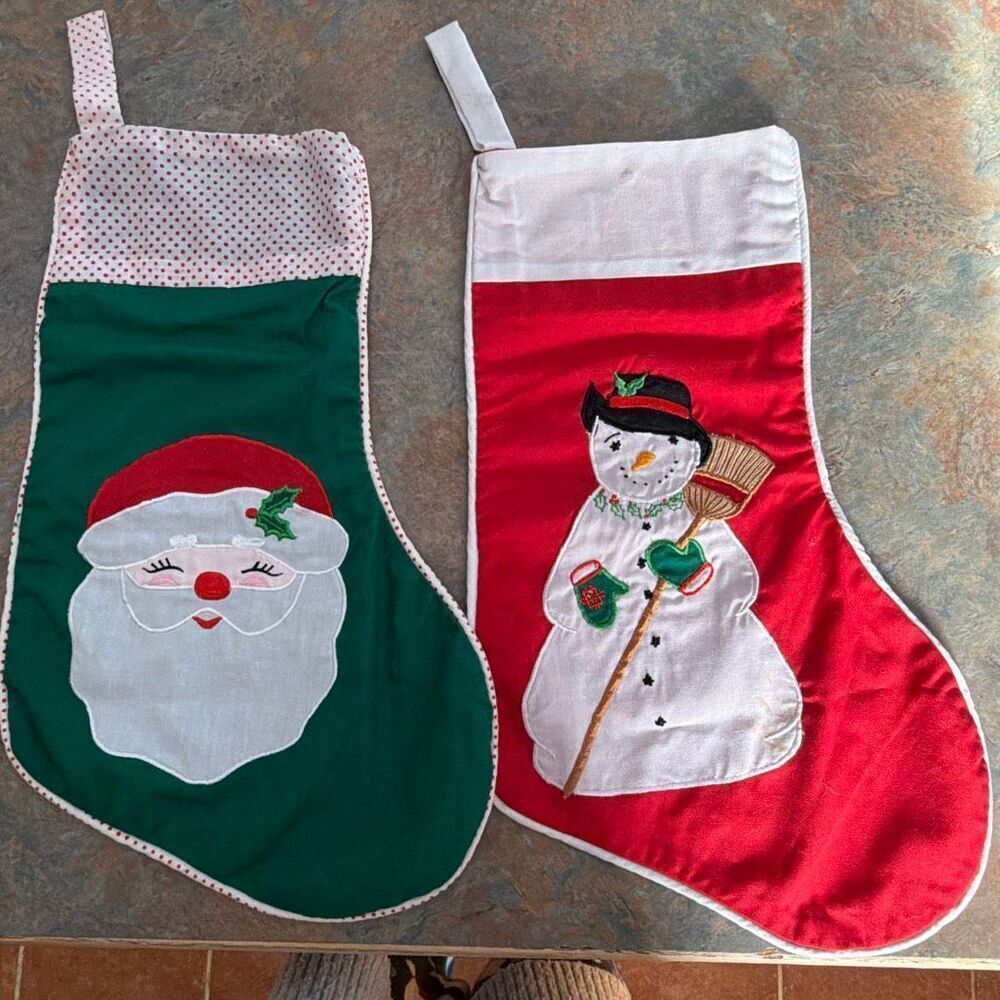 Vintage Handmade Christmas Stocking Santa Snowman Set of 2